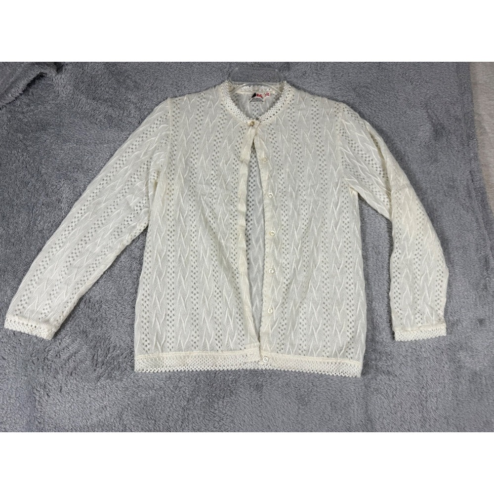 Miss Holly Cardigan Womens Medium Ivory Vintage Pointelle Lace Trim Japan